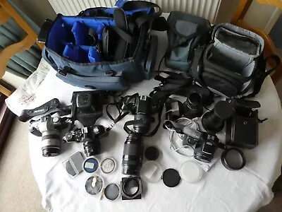 Job Lot Bundle Cameras Pentax Zenit Olympus Nikon Camera Bags Lens Filters • £30