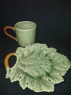 Vintage Majolica Green Leaf Pottery  Dish 8  AND Mug Bamboo Wrapped Handle • $42