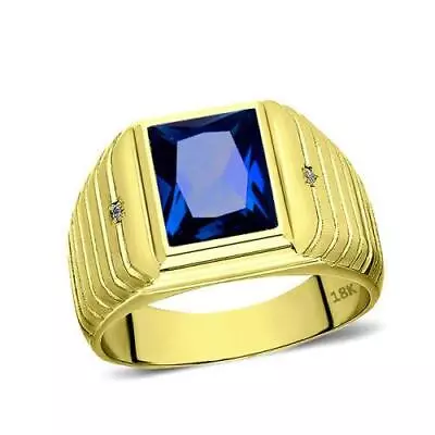 Men's Solid 18K Yellow Gold Blue Sapphire Ring 0.04ct Diamonds Fine Ring • $1049
