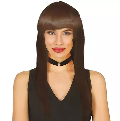 Ladies Long Fancy Dress Wig Brown Straight Wig With Fringe Fg • £7.75