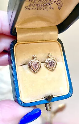 Lovely Vintage Designer 10 Kt. Rose & Yellow Gold Ornate Heart Stud Earrings • $90