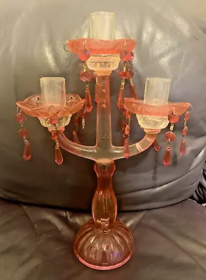 Antique Pink Cranberry Candelabra Art Glass Crystal Prisms Candle Holder RARE • $149.99