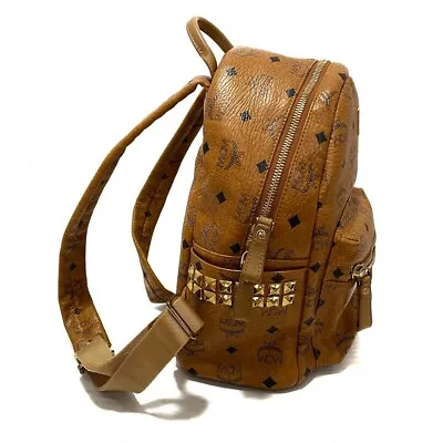 MCM Stark Backpack Visetos Monogram Cognac Brown PVC Leather Gold Side Studs S • $380.11