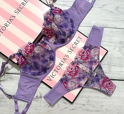 Victoria's Secret Wicked Unlined Balconette Bra Thong Set Floral Purple • $55