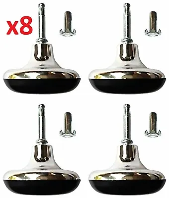 8 X Chrome Feet Bed Legs Glides Castor & Insert For Divan Base Sofa Chair Wheels • £6.29