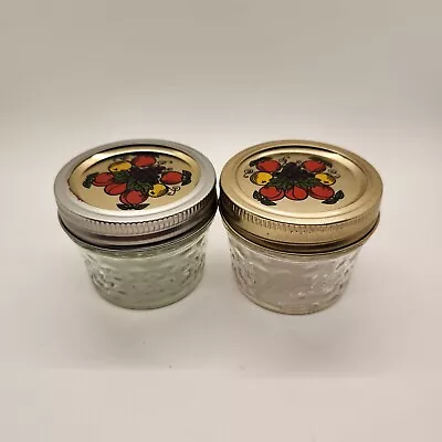 Lot Of (2) 4 Oz Jelly Jars With Fruit Lids - 1 Ball 1 Unmarked. Quilted Pattern • $8.99