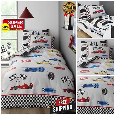 Kids Racing Car Duvet Cover Set & Pillow Case Reversible Fitted Sheet Bedding • £12.99