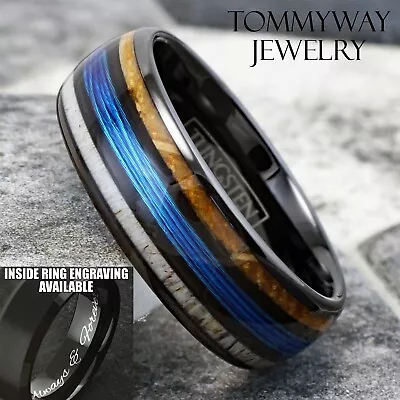 Personalized Engraved Black Tungsten Ring Fishing Line-Wood & Deer Antler Band • $20.99