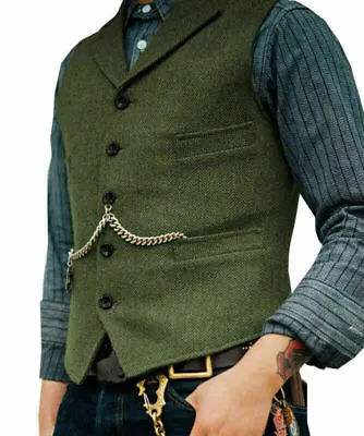 Mens Tweed Lapel Vest Jacket Herringbone Waistcoat Casual Formal Sleeveless Tops • $18.99