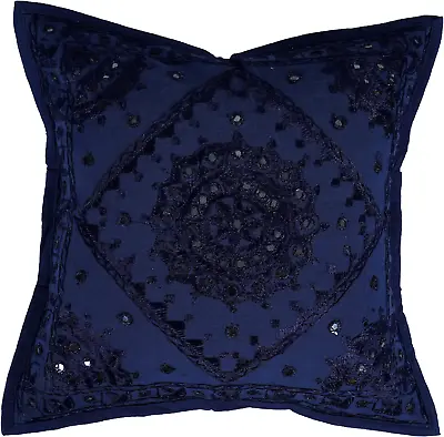 Indian 16X16 Blue Mirror Embroidered Decorative Sofa Throw Pillow Cushion Cover  • $10.58