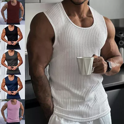 Men Sleeveless Ribbed Solid Vest Tops Sport Bodybuilding Muscle Gym Fitness Tank • £10.99