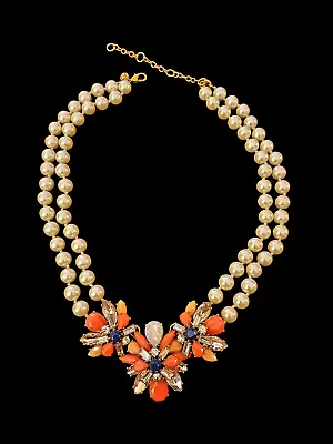 J.Crew Gold Tone Rhinestone Cluster Double Strand Faux Pearl 22.5  Necklace  • $25