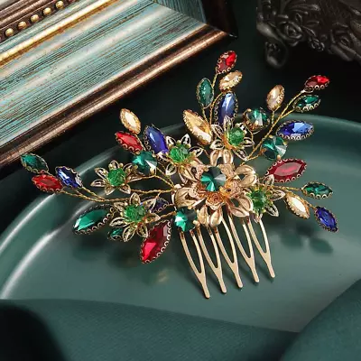 Baroque Rhinestone Hair Comb Gold Crystal Vintage Hair Piece Flower Evening Part • $34.69