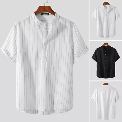 Vintage Mens Cotton T Shirt Summer Striped Hippie Tops Holiday V-Neck Shirt Tee • $17.05