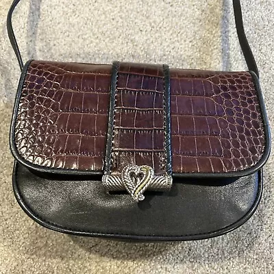 One World By Brighton Black/Brown Leather Embossed Crossbody Small Handbag • $19.99