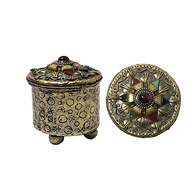 Michal Golan Mini Round Lidded Footed Ornate Brass W/Stones Trinket Box Signed • $79.99