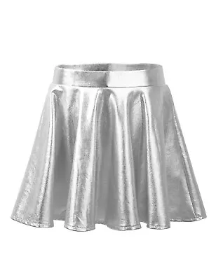 UK Kid Girls Shiny Metallic Skater Mini Pleated Skirt Jazz Hip Hop Dance Costume • £11.38