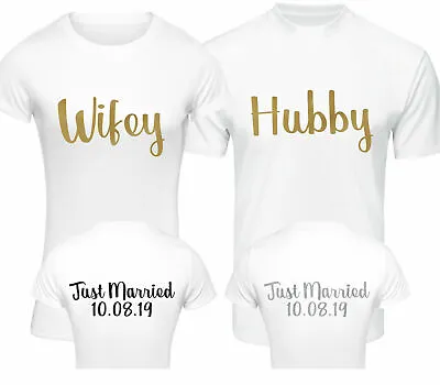 Personalised Wifey Hubby Just Married T-Shirt Set Fun Honeymoon Wedding Tshirts • £18.99