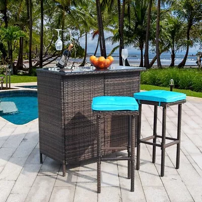 3pcs Patio Bar Set Outdoor Rattan Wicker Furniture Table Stools W/ Blue Cushions • $149