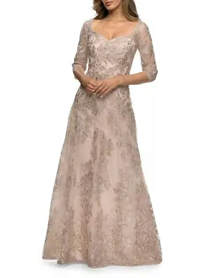 La Femme Floral Embroidered Mesh Champagne Gown Size 8 Mother Of The Bride NEW • $206.21