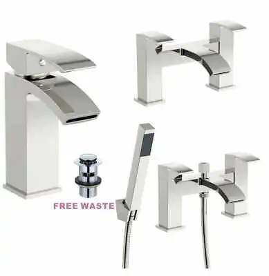Modern Bathroom Tap Square Waterfall Basin Sink Bath Filler Shower Mixer Tap Set • £26.99