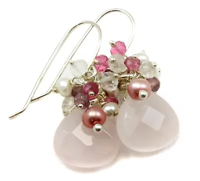 Rose Quartz Earrings Pink Cluster Pearl Teardrops Sterling 14k Yellow Gold Drop • $49