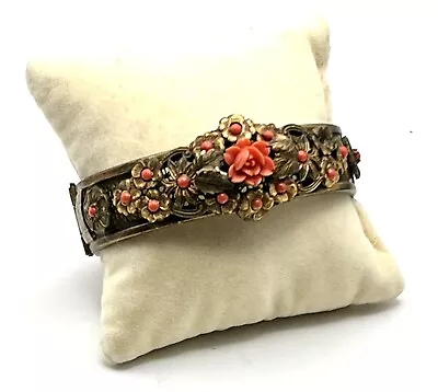 Vintage Floral ART NOUVEAU Orange CORAL Filigree Bangle BRACELET Beads Antique • $25