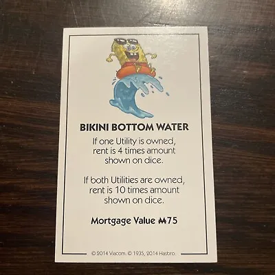 SpongeBob SquarePants Monopoly Replacement Property Card Bikini Bottom Water • $8.88