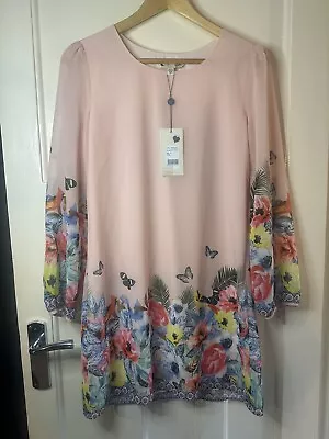 Yumi Pink Floral Butterfly Bird Dress Bnwt Size 10 Tropical Races Holiday • £14.99