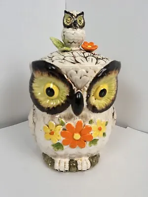 Vintage Owl Cookie Jar Japan Winking Ceramic Flowers Baby MCM Canister Jar 11” • $49.99