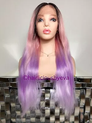 Synthetic Pastel Wig Ombré Wig 26”  Long Purple Orange Black Lace Front Heat Ok • $49