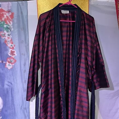 $99.99 • Buy Jim Thompson Navy Blue Maroon Thai Silk Belted Kimono Robe Pockets 60's Vintage