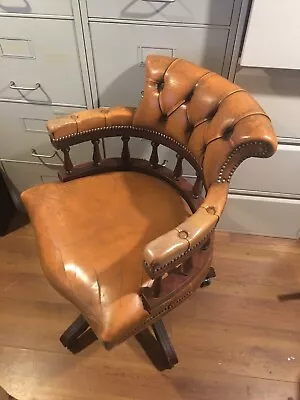 Light Brown / Beige Leather Antique Captains Swivel Office Chair #1 • £150