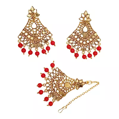 Red New Pearl Bridal Maang Tikka Earring Kundan Wedding Gold Tone Indian Jewelry • $23.64