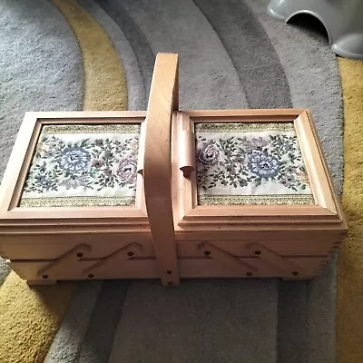 Vintage Wooden  Cantilever Sewing Box Basket- Floral Tapestry Design Top • £24