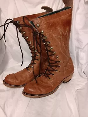 Vintage Brown Hand Tooled Leather Lace Up Hippy Boots Size 7-7.5 • $45