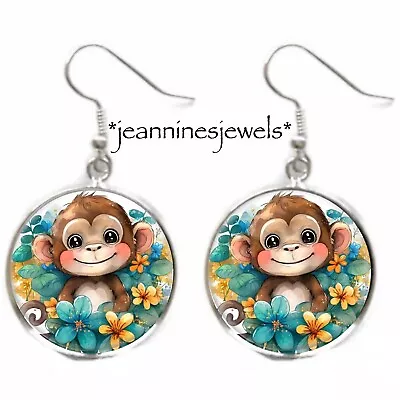 Monkey Earrings Watercolor Flowers Art Print Silver Charm Dangle EARRINGS • $21.99