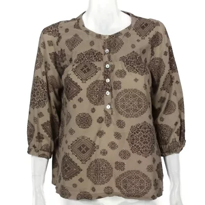 Matta NY Brown Ornate Diamond Print Popover Button Cotton Top India Sz M /593 • $29.99