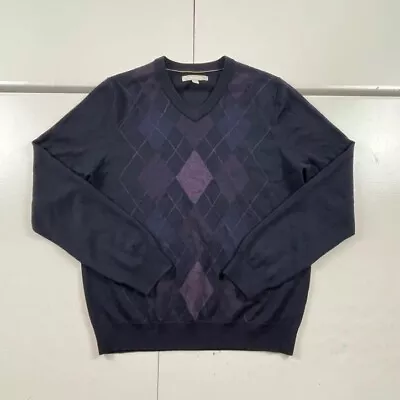 Nordstrom Sweater Mens Medium Blue Argyle Pullover V Neck 100% Wool • $24.99