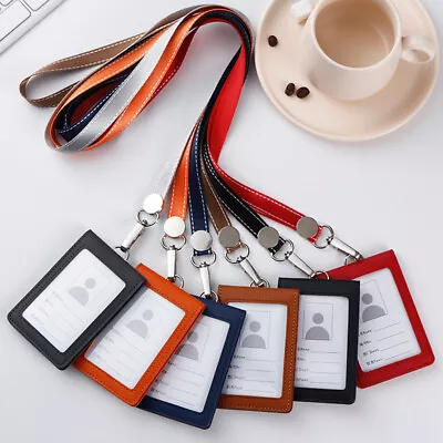☆ Leather ID Holders Case PU Business Badge Card Holder With Neck Strap Lanyard • £5.45