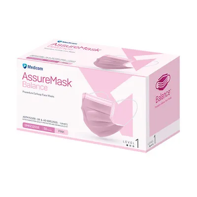 Medicom ASU Balance 3Ply Level 1 Earloop Face Mask Pink 50/box • $9.88