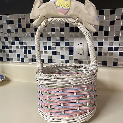 Vintage Easter Springtime Basket Wooden Eggs/Candy Pastel Wooden Bunny • $5
