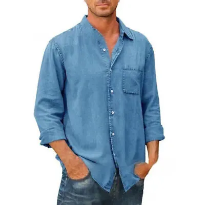 Men Denim Shirt Long Sleeve Turn-Down Collar Button-Up Chest Pocket Casual Top • $17.09