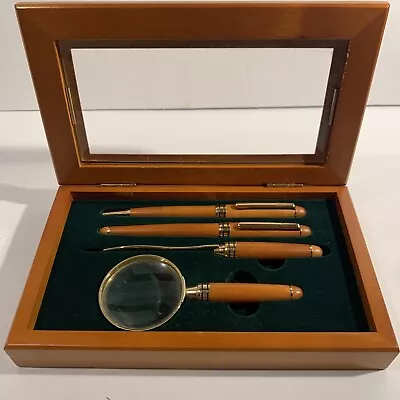 Vtg Mens Desk Set~Wood Gold Pens Letter Opener Magnifying Glass~~Father’s Day~4p • $43.70