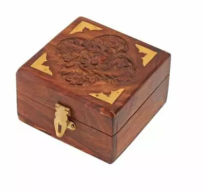 Wooden Jewellery Box For Women Jewel Organizer Square Carving Brass Corner 4in • $45.83