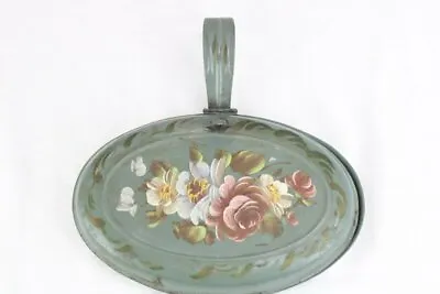 Vintage Metal Tole Painted Silent Butler Crumb Catcher Sage Green Floral • $34.99