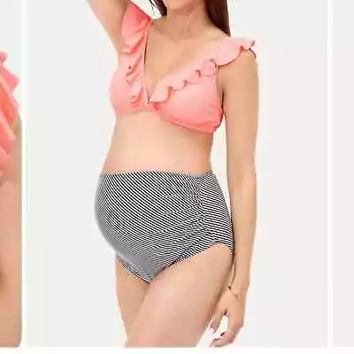 Summer Mae Maternity High Waisted Swimwear 2- Piece Shell Pink &diagonal Stripes • $12