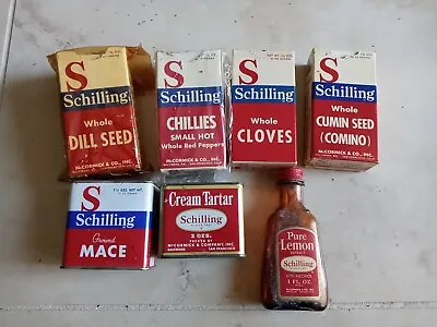 Lot Of 7 Vintage Schilling Spice 2 Tins 4 Boxes 1 Empty Pure Lemon Bottle • $14.40