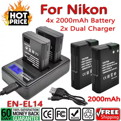 For Nikon 4× 2000mAh EN-EL14 Battery + 2×Dual Charger D5100 D3100 D3200 D3300 PR • $22.99
