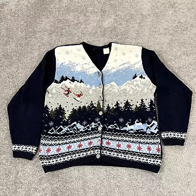 Vintage Christmas Sweater Mens Medium Blue Skiing Snow Mountains Nordic Cardigan • $24.99